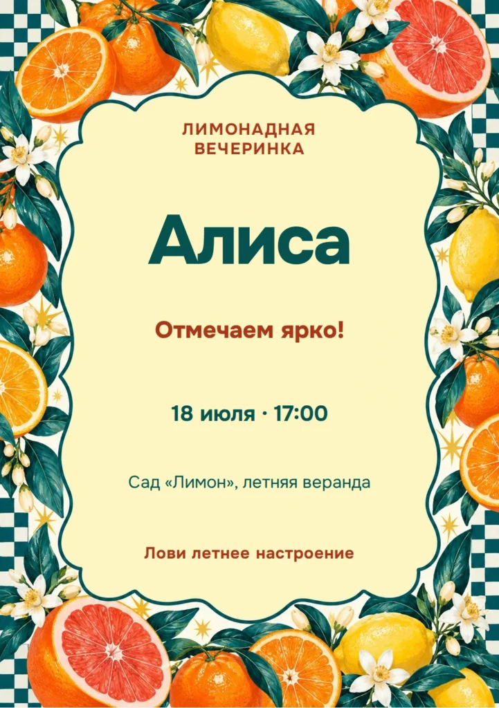 Пример приглашения «Лимонадная вечеринка» с редактируемыми надписями